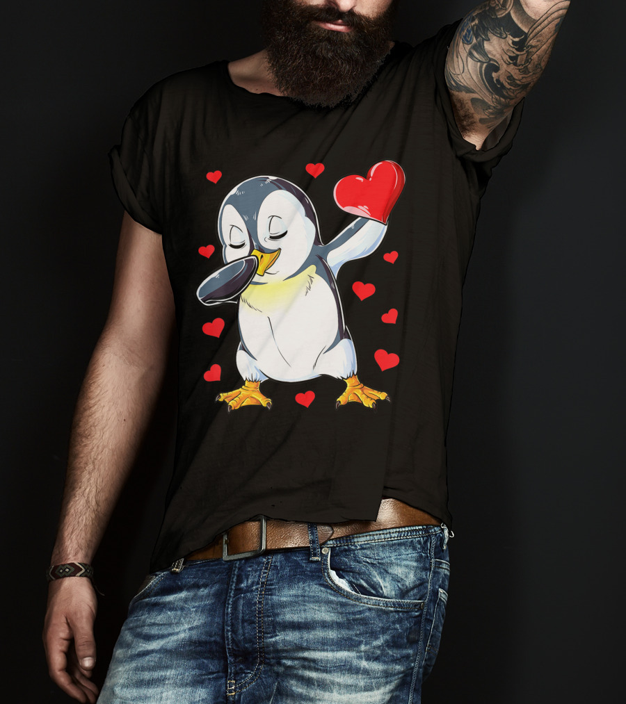 Dabbing Penguin Holding Heart Surrounded By Valentine Hearts T-Shirt