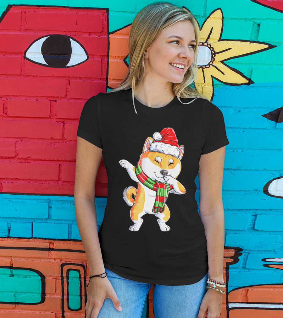 Dabbing Shiba Inu Santa Christmas Scarf Dance T-Shirt