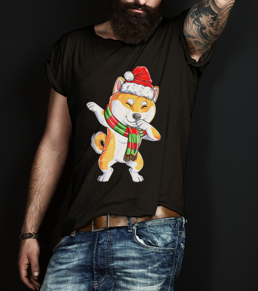 Dabbing Shiba Inu Santa Christmas Scarf Dance T-Shirt