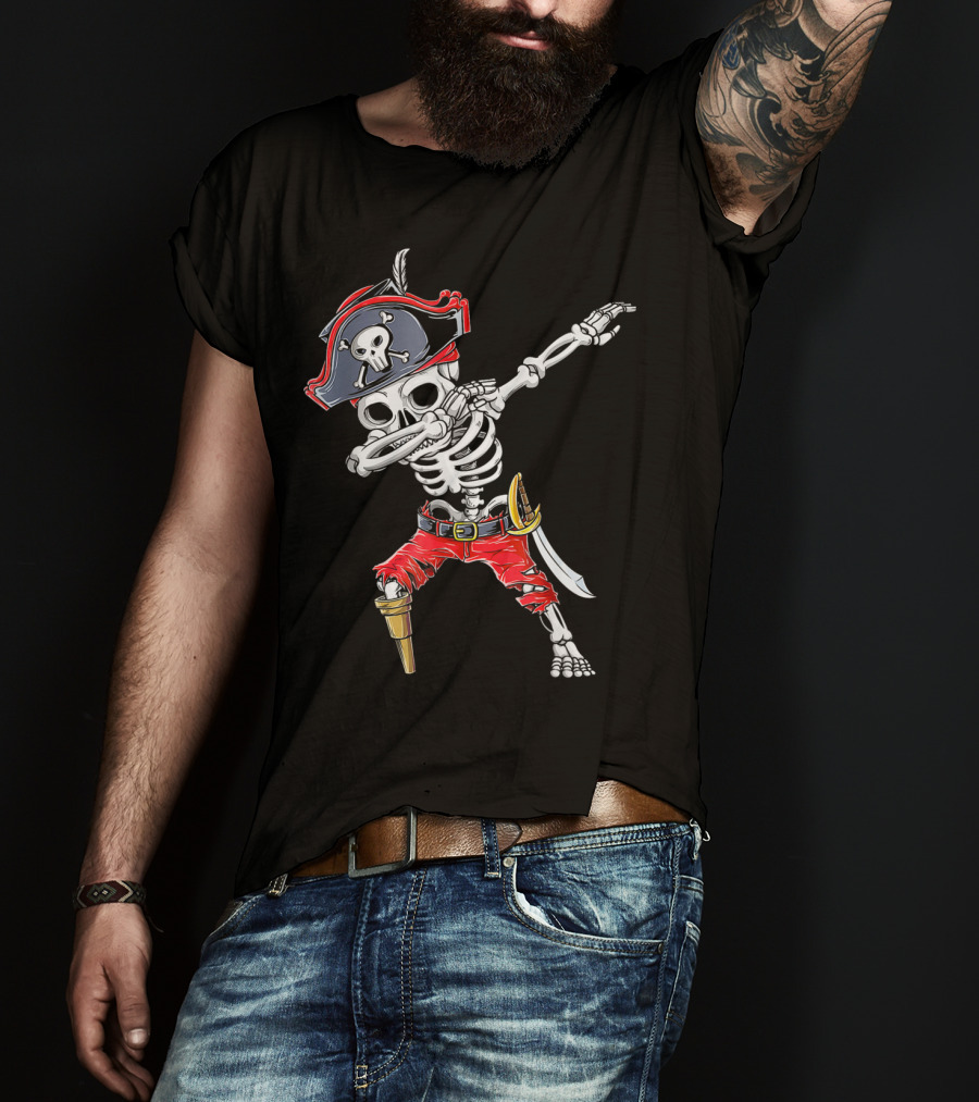 Dabbing Skeleton Pirate Kids Halloween Jolly Roger T-Shirt