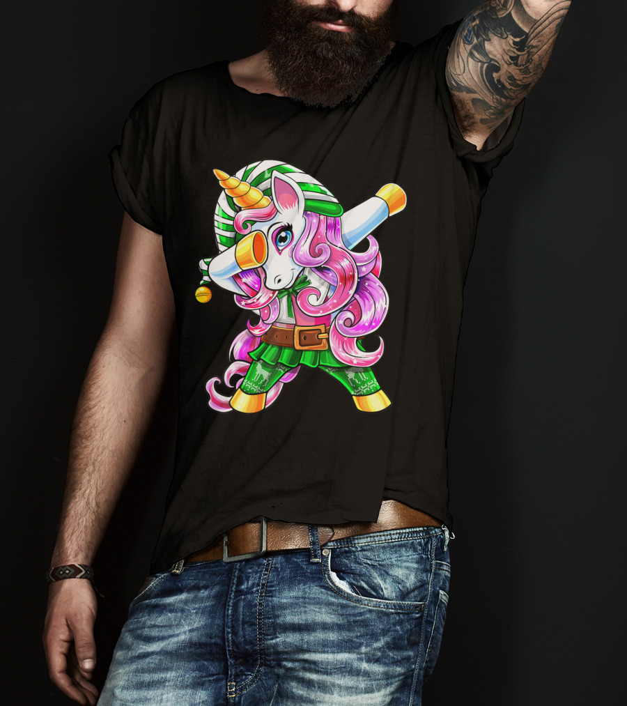 Dabbing Unicorn Christmas Elf Costume Unicorn Girls Pink Hair Green T-Shirt