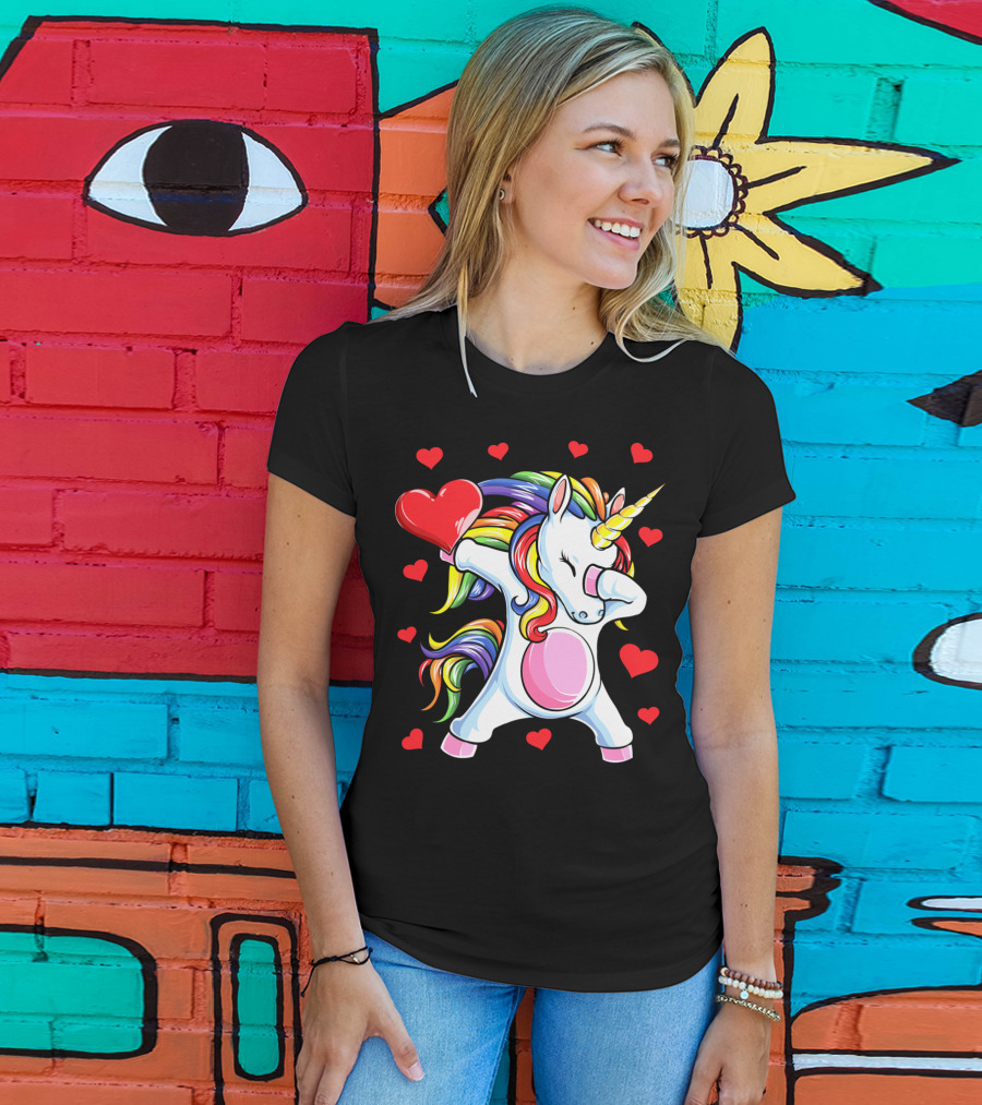 Valentines Day Dabbing Unicorn With Heart And Rainbow Mane T-Shirt