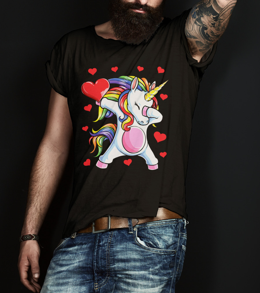 Valentines Day Dabbing Unicorn With Heart And Rainbow Mane T-Shirt