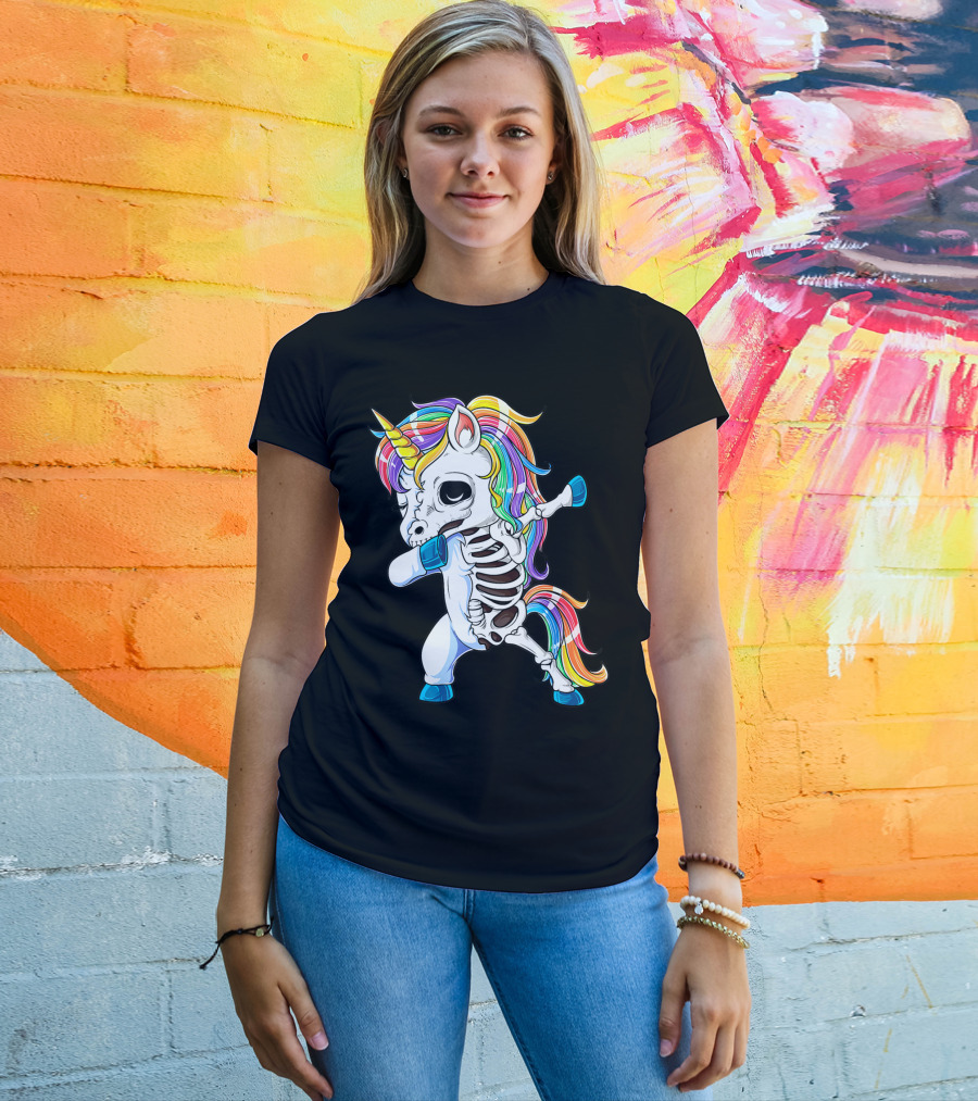 Dabbing Unicorn Skeleton Halloween Girls Dab Rainbow T-Shirt