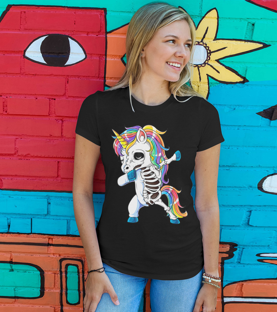 Dabbing Unicorn Skeleton Halloween Girls Dab Rainbow T-Shirt