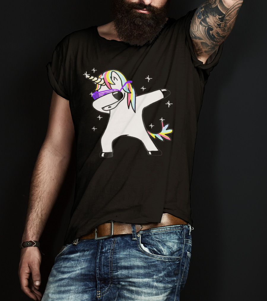 Dabbing Rainbow Unicorn With Sunglasses And Stars T-Shirt