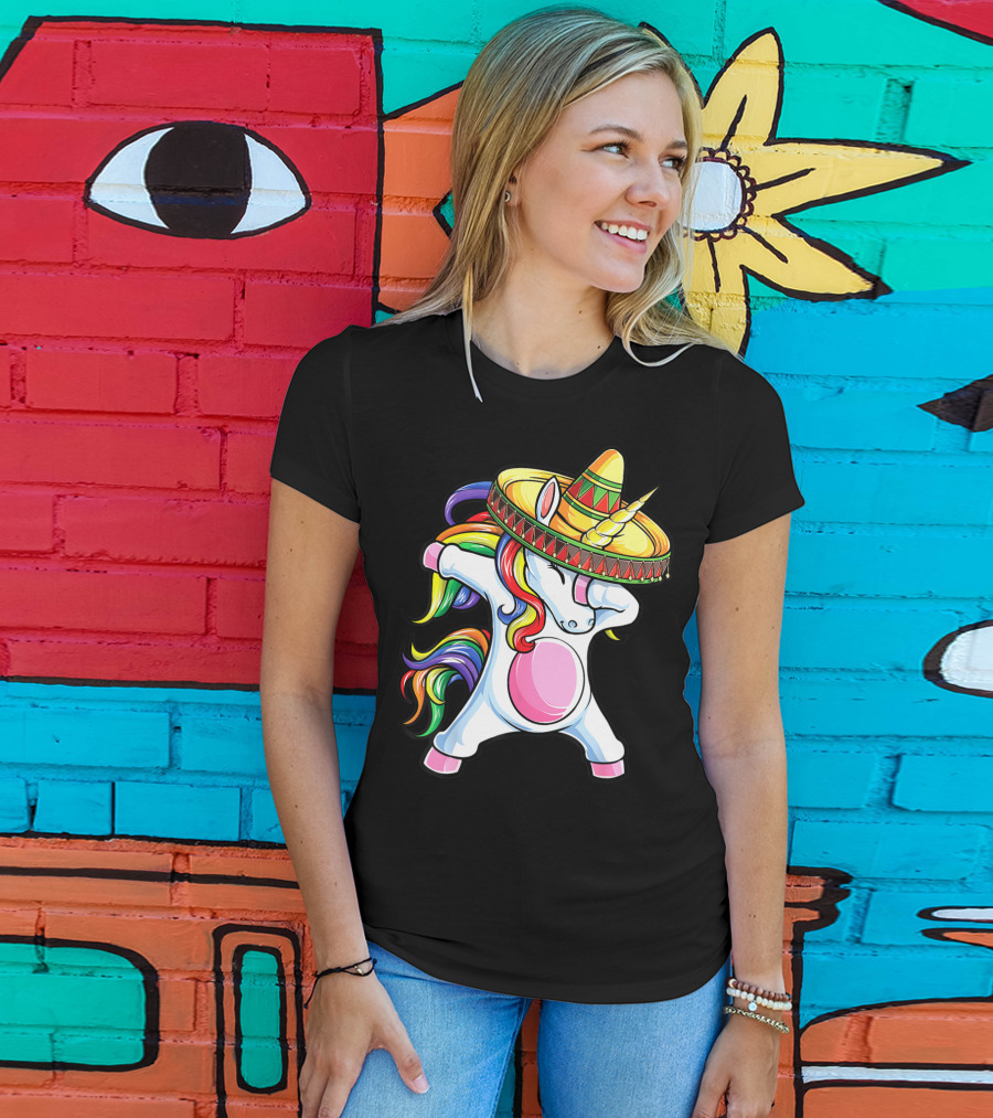Dabbing Unicorn With Rainbow Hair And Sombrero Celebrating Cinco De Mayo T-Shirt