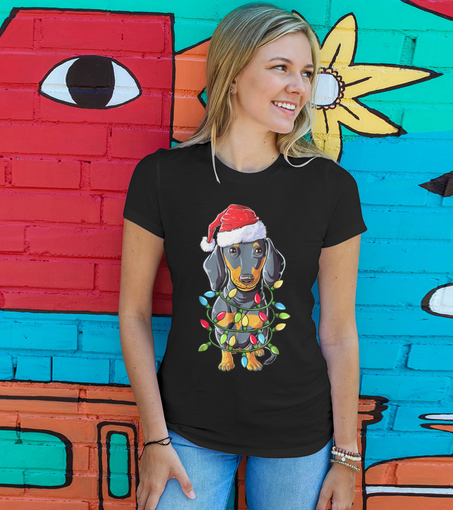 Dachshund Christmas Dog Wrapped In Santa Hat And Xmas Tree Lights T-Shirt