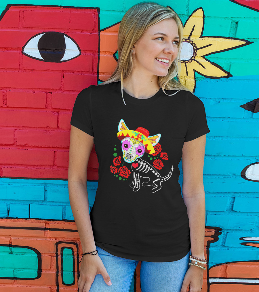 Day Of The Dead Chihuahua Skeleton Sombrero Roses T-Shirt