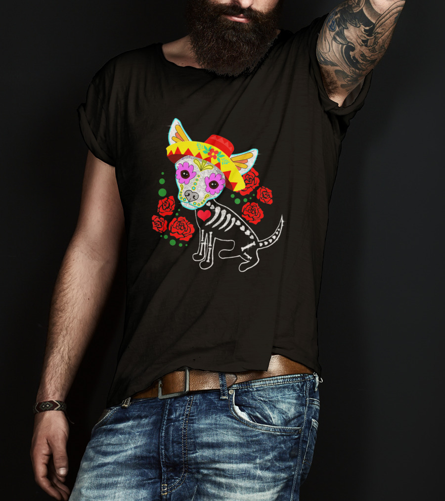 Day Of The Dead Chihuahua Skeleton Sombrero Roses T-Shirt