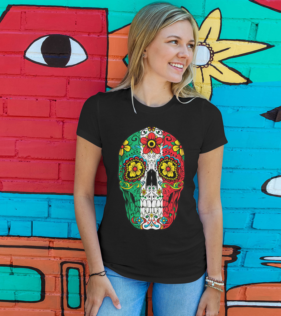 Day Of The Dead Sugar Skull Mexican Flag Flowers Colorful T-Shirt