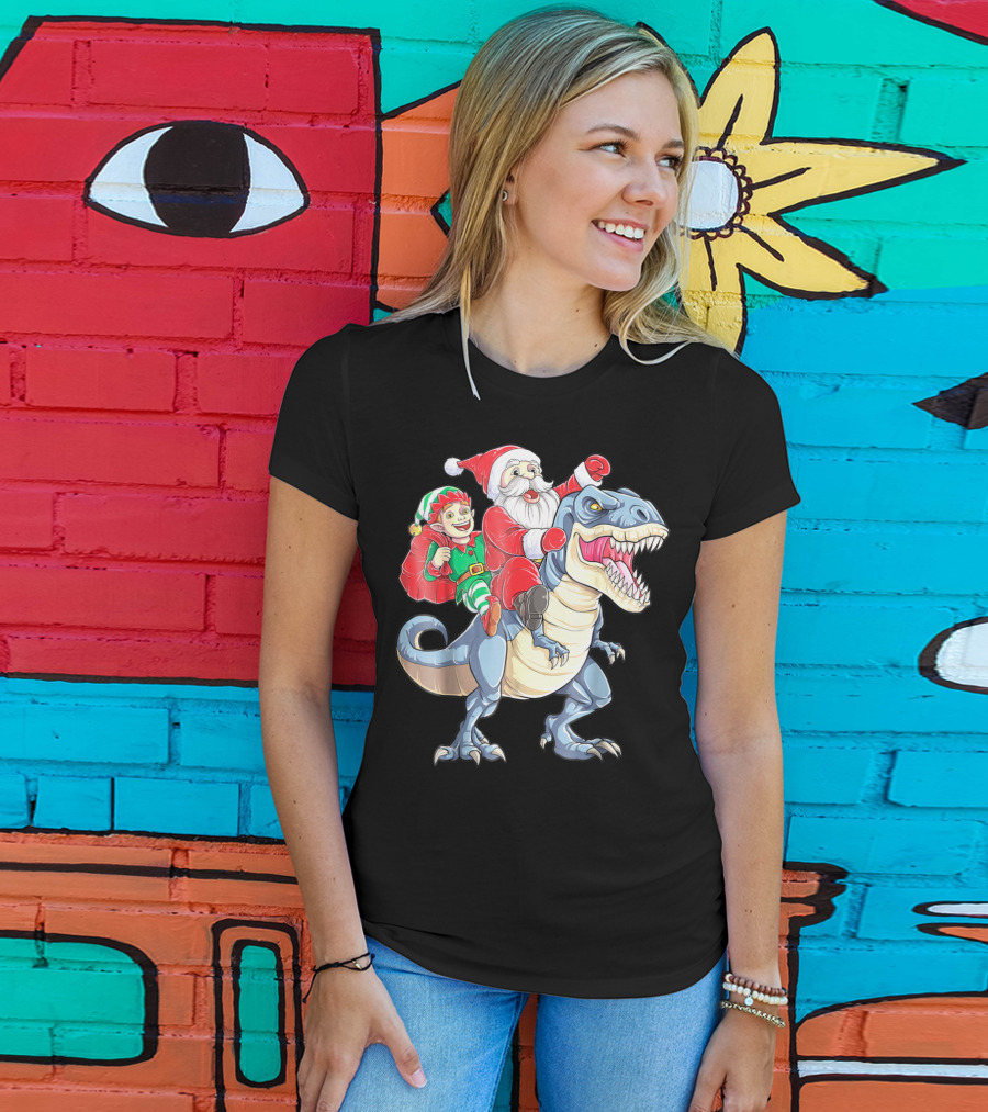 Dinosaur Christmas Santa And Elf Riding T-Rex T-Shirt