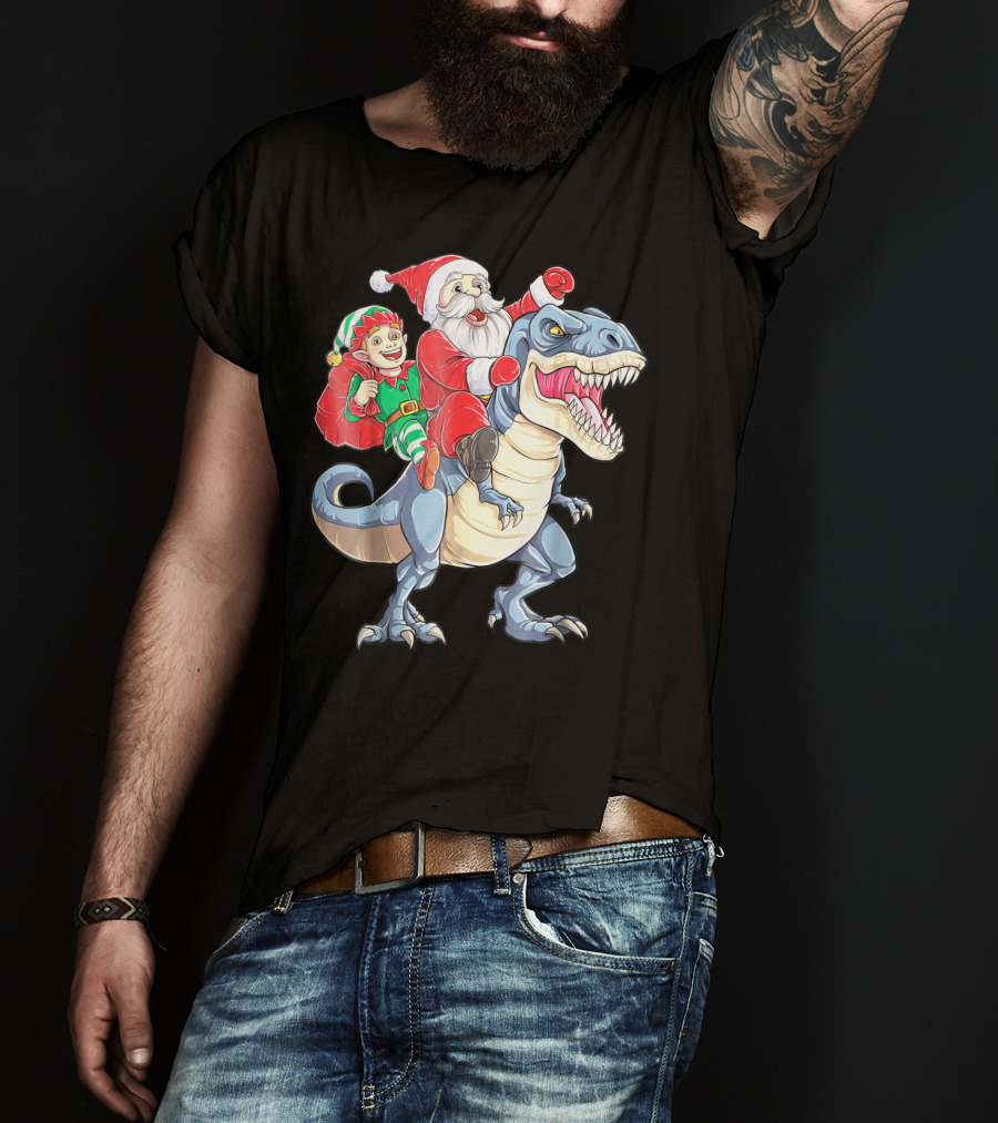 Dinosaur Christmas Santa And Elf Riding T-Rex T-Shirt