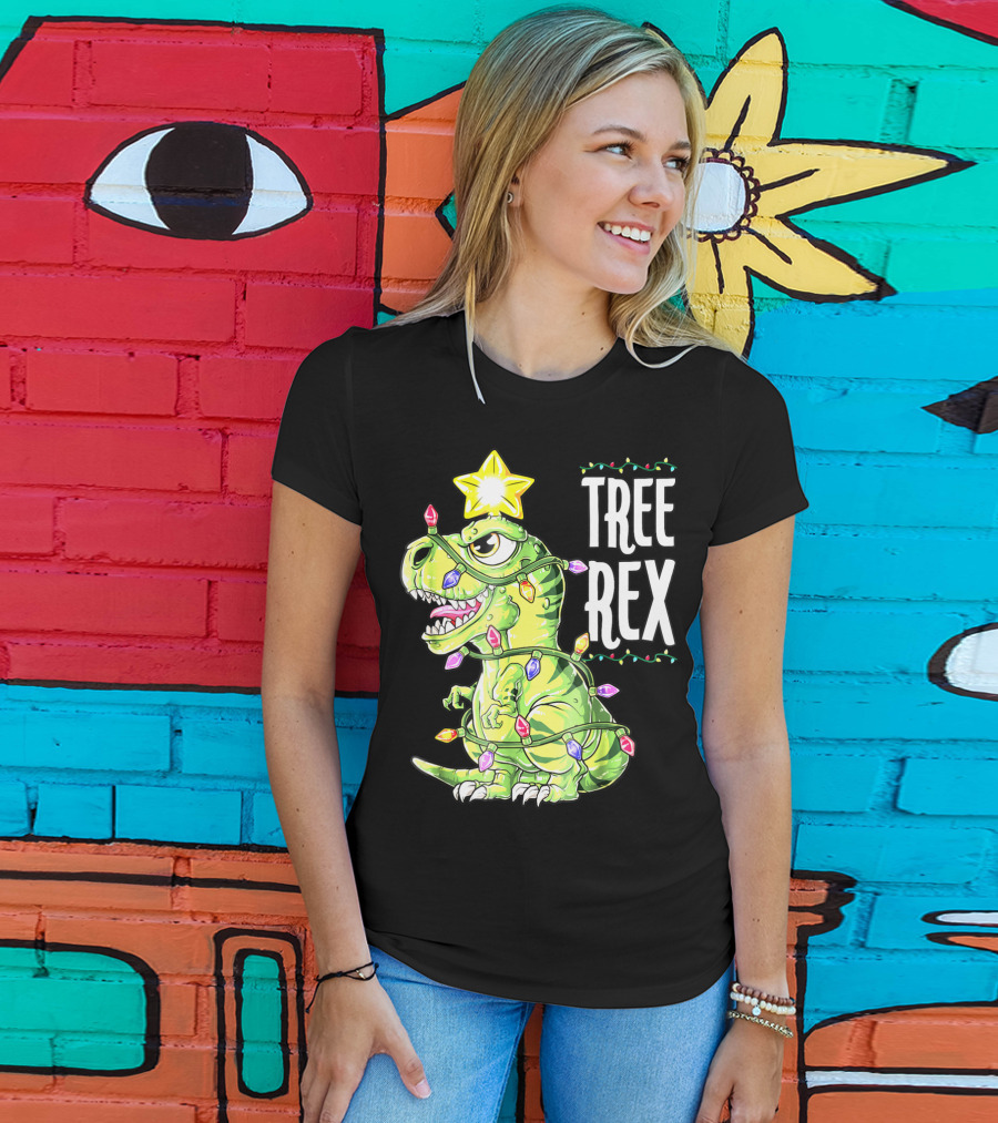 Tree Rex Dinosaur Christmas Lights Boys T-Shirt