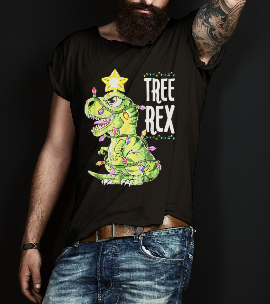 Tree Rex Dinosaur Christmas Lights Boys T-Shirt