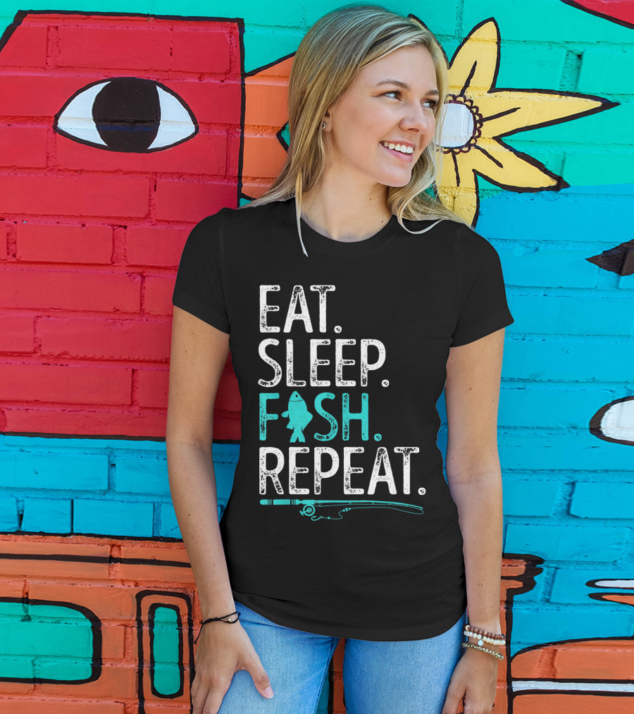 Eat Sleep Fish Repeat Kids Fishing Fishing Rod Teal Fish T-Shirt