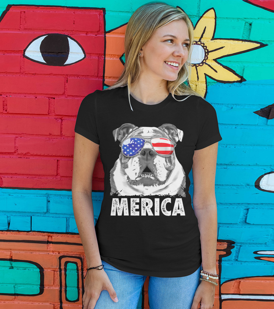 Merica English Bulldog USA Flag Sunglasses T-Shirt