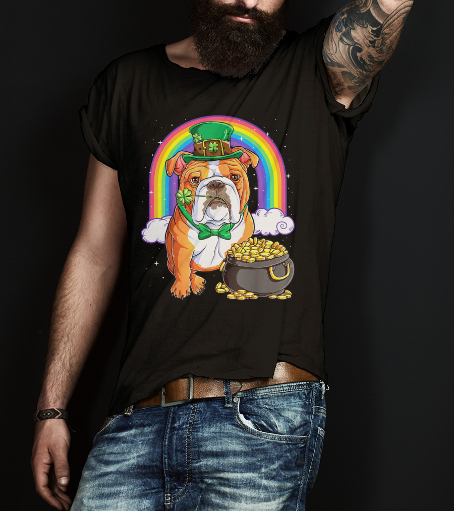 English Bulldog Leprechaun St Patricks Day Rainbow Gold Pot T-Shirt