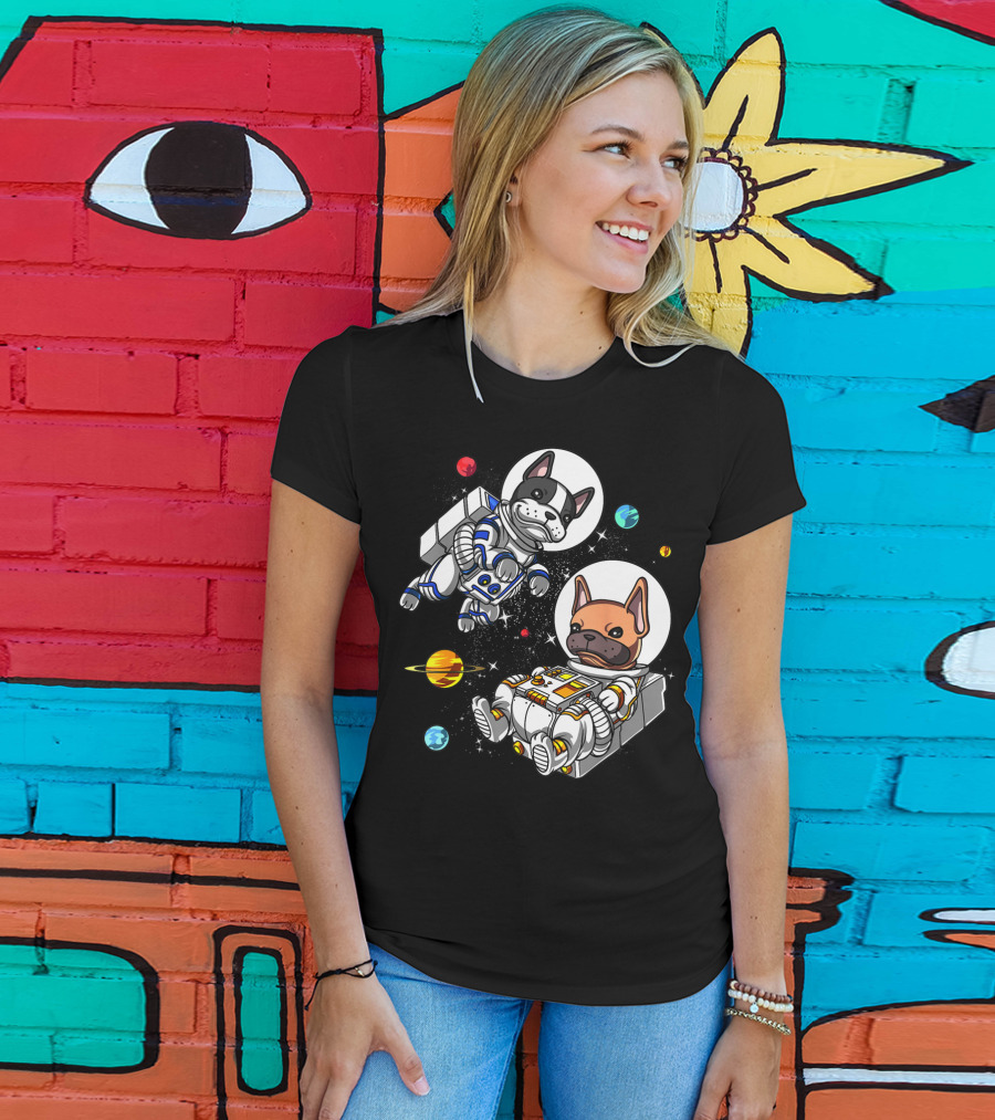 French Bulldog Astronauts In Space With Planets And Stars T-Shirt
