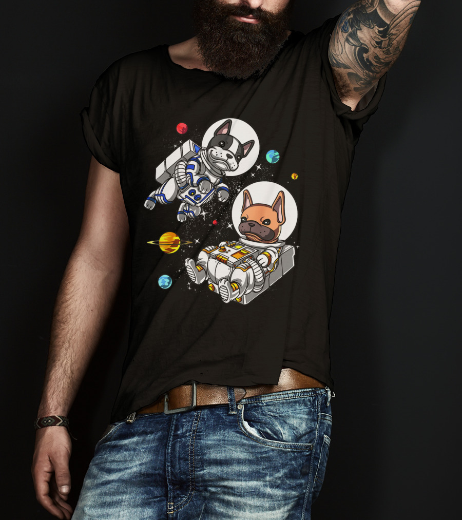 French Bulldog Astronauts In Space With Planets And Stars T-Shirt
