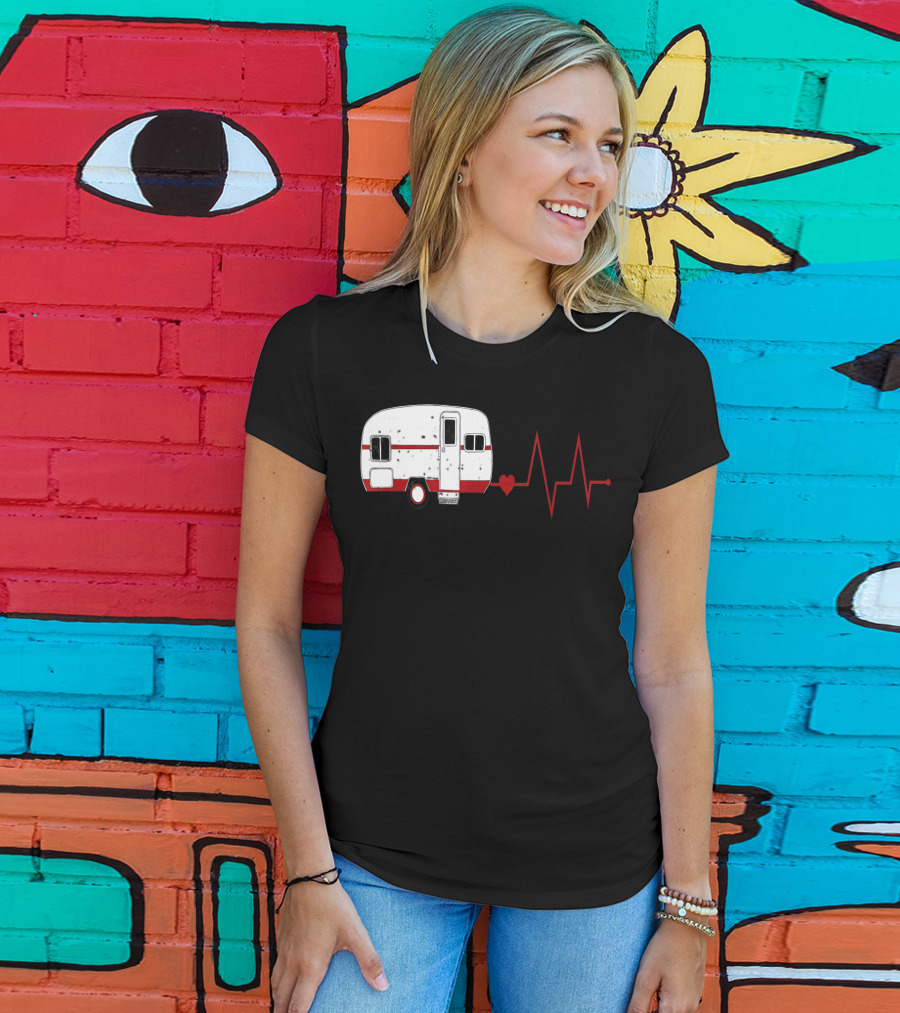 Funny Valentine's Day Camping Women Girls Heartbeat Camper T-Shirt
