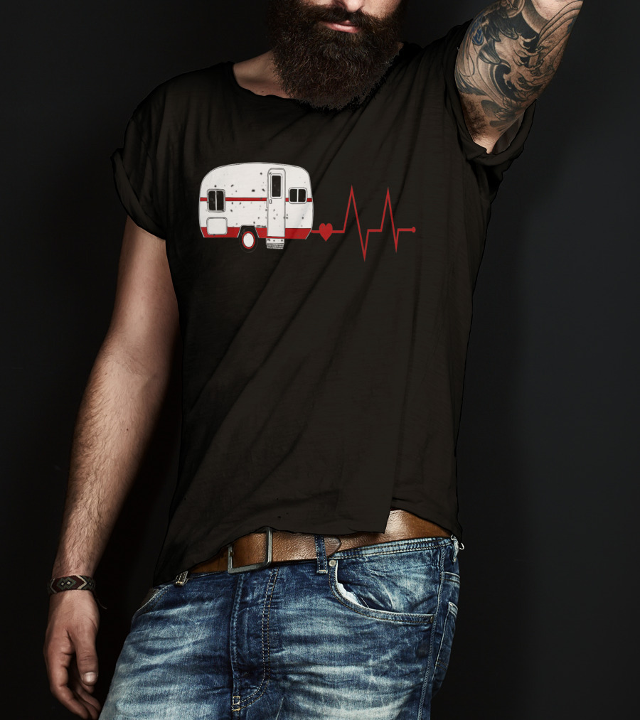 Funny Valentine's Day Camping Women Girls Heartbeat Camper T-Shirt