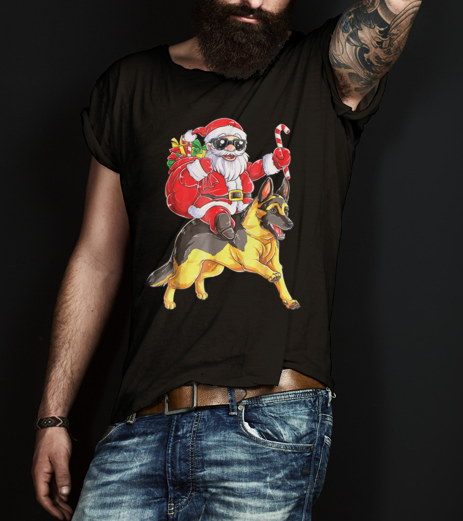 German Shepherd Woofmas With Santa Claus And Candy Cane T-Shirt