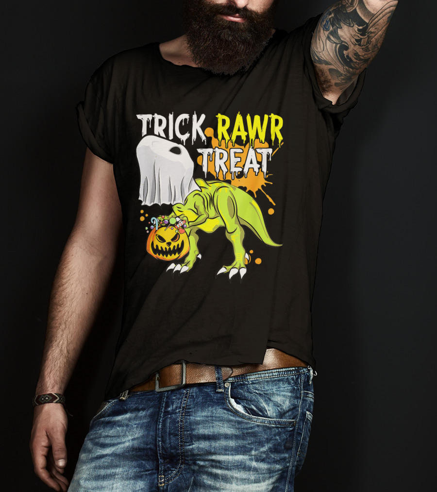 Trick Rawr Treat Halloween Dinosaur Ghost Pumpkin Boys T-Shirt