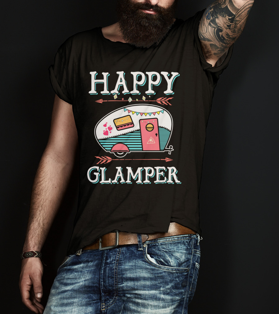 HAPPY GLAMPER Camper With Arrows And Colorful Bunting T-Shirt