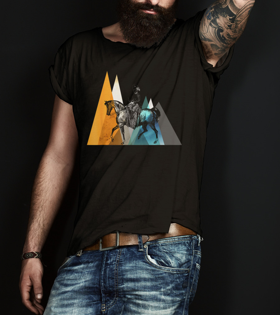 Horseback Riding Geometric Mountain Motif T-Shirt