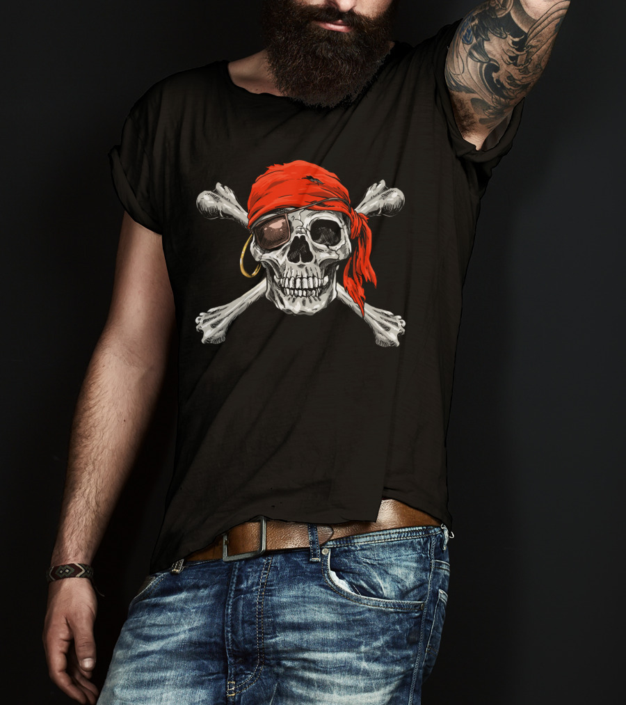 Jolly Roger Skull Crossbones Halloween Pirate Flag Red Bandana Eyepatch T-Shirt