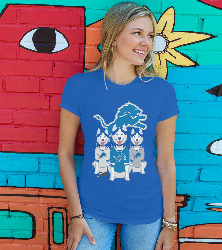Detroit Lions Husky Trio With Iconic Blue Lion T-Shirt