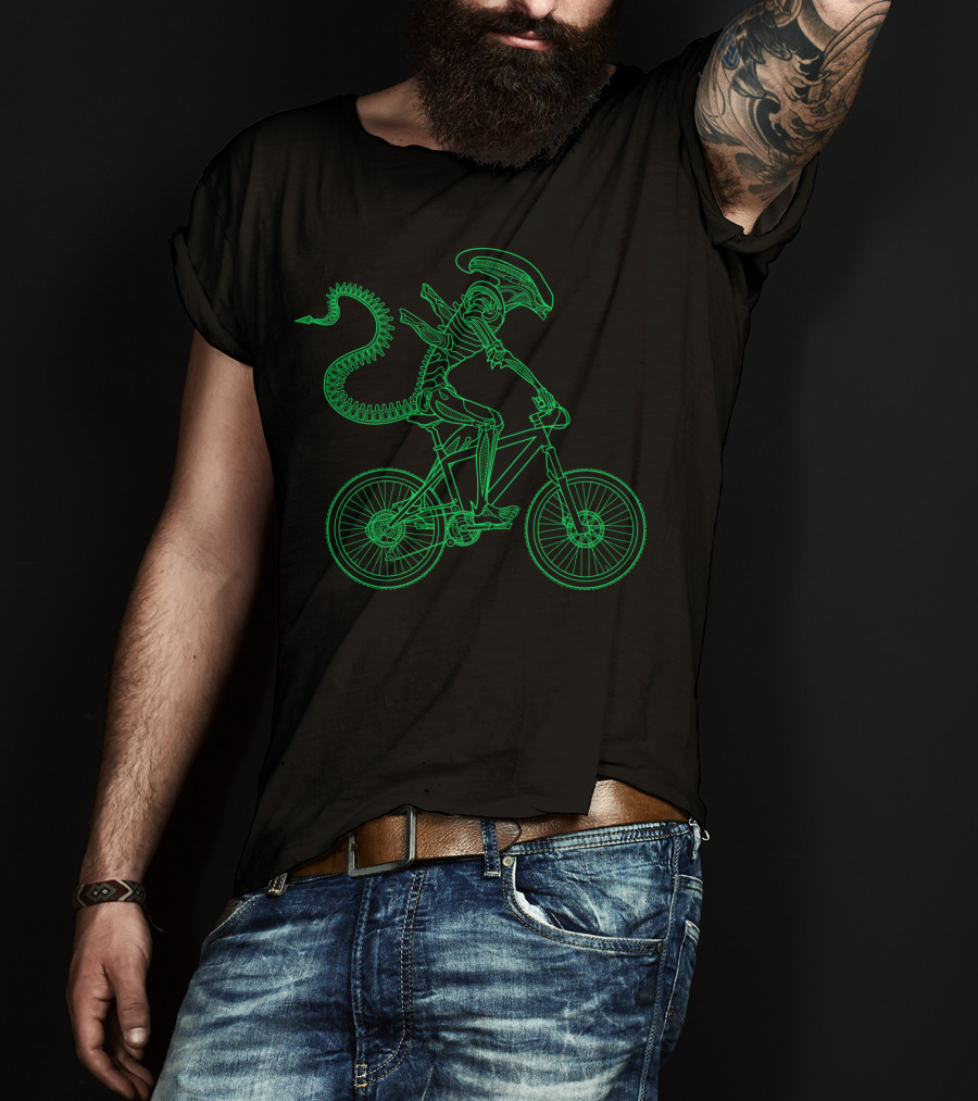 Alien Bicycle Rider Neon Green Xenomorph Outline T-Shirt