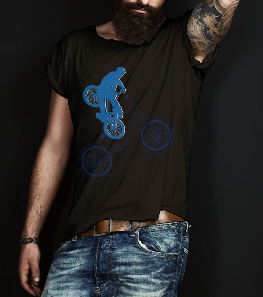 BMX Rider Blue Silhouette With Detailed Bike Blueprint T-Shirt
