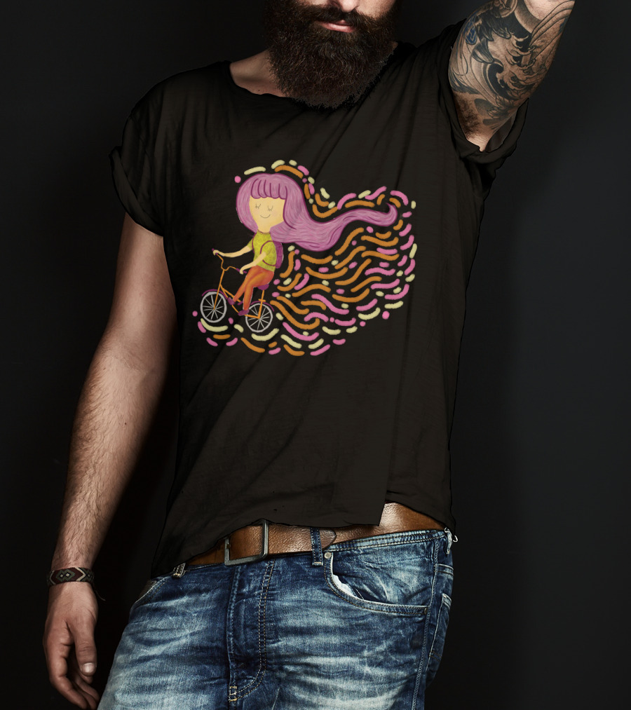 Claire Riding Bicycle With Flowing Pink Hair And Colorful Trails T-Shirt