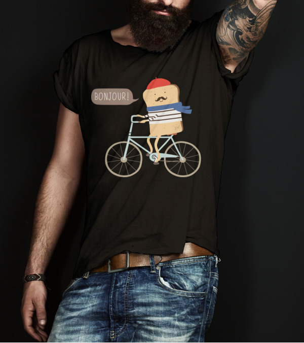 BONJOUR French Toast On Bicycle With Beret And Mustache T-Shirt