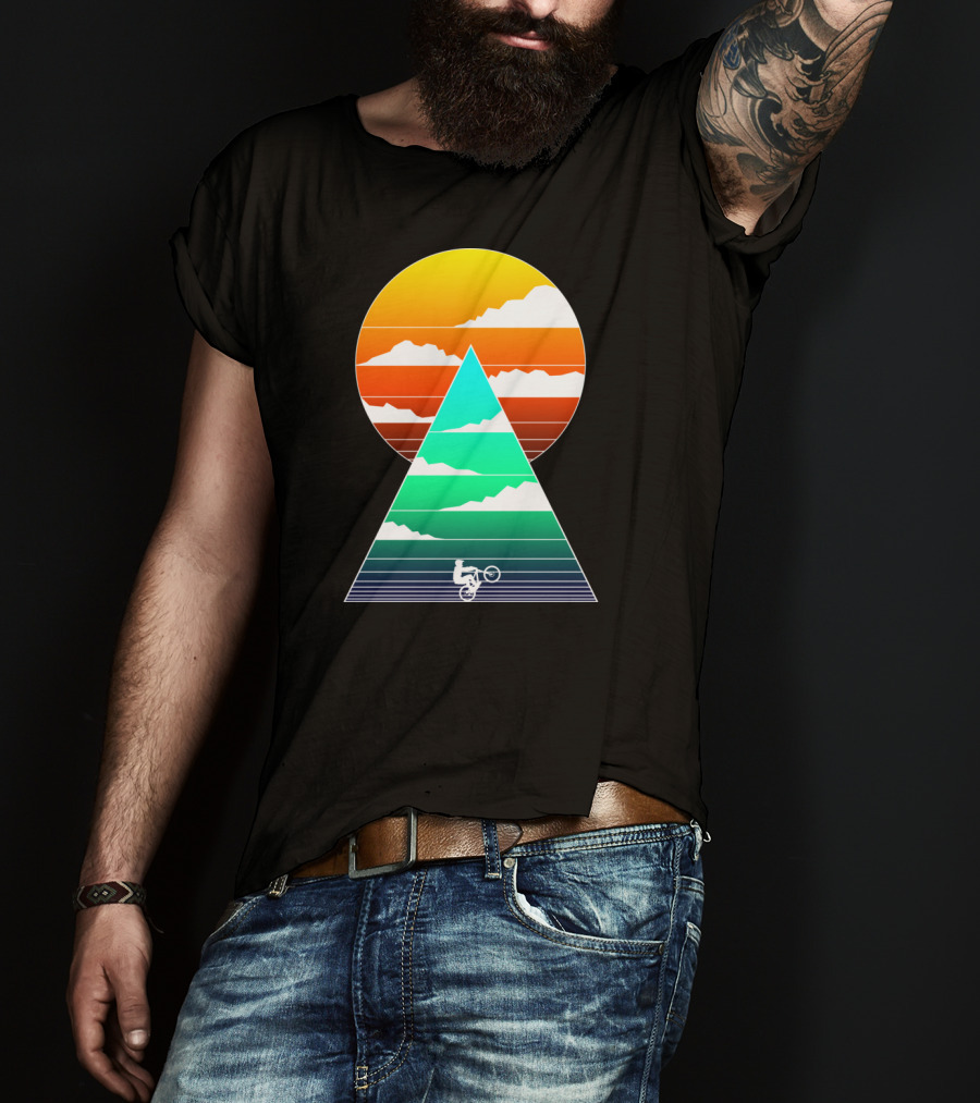 Sunset Mountain Biking Adventure In Geometric T-Shirt