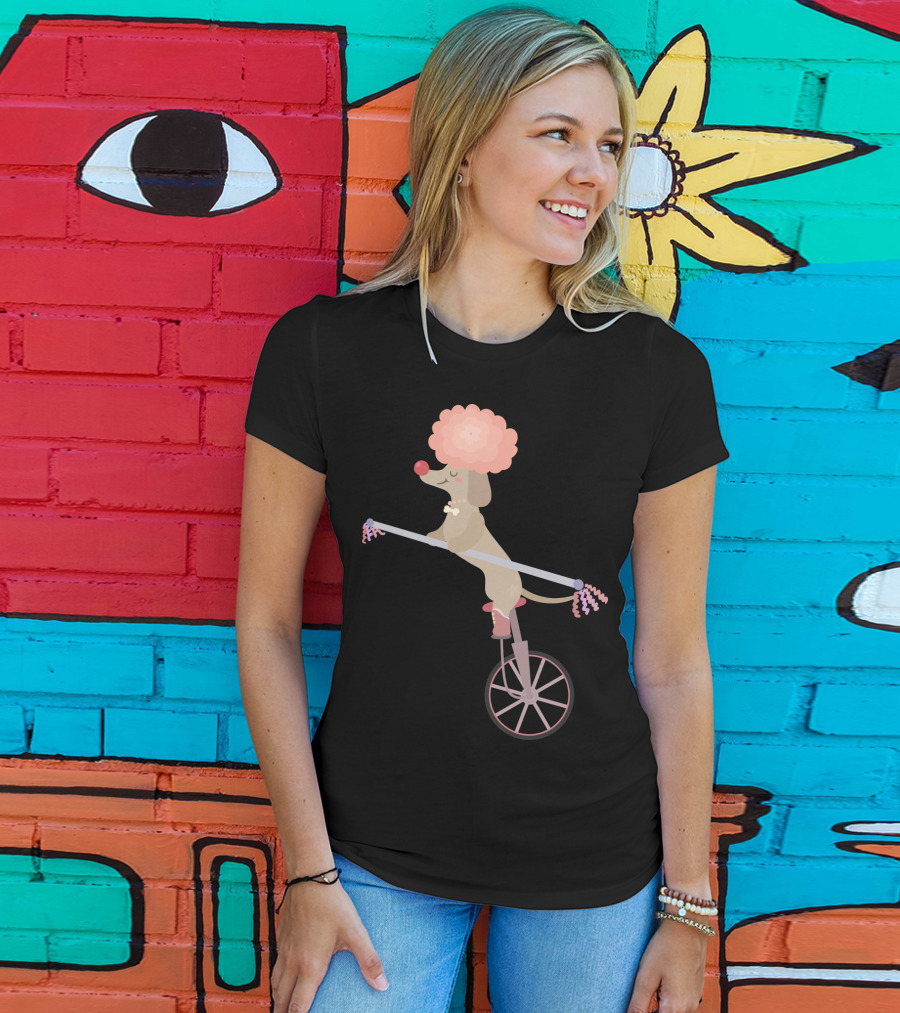 Unicycle Dog With Clown Wig And Red Nose Balancing On Wheel T-Shirt