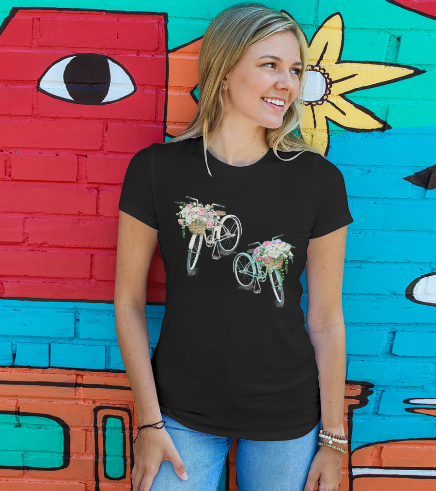 Vintage Bicycles With Flower Baskets Roses And Daisies T-Shirt