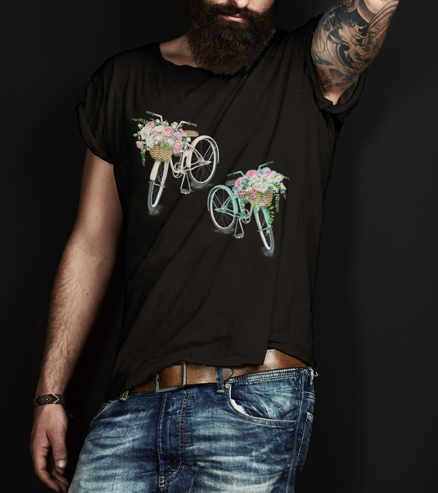 Vintage Bicycles With Flower Baskets Roses And Daisies T-Shirt