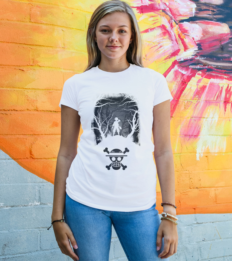 Luffy Silhouette In The Woods With Straw Hat Pirate Skull T-Shirt