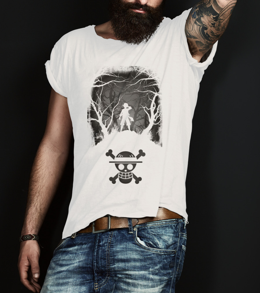 Luffy Silhouette In The Woods With Straw Hat Pirate Skull T-Shirt