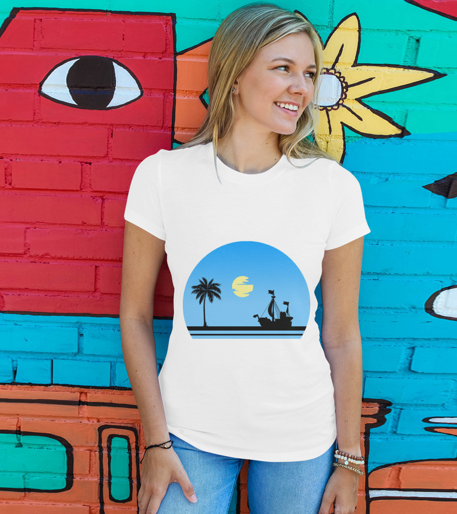 Going Merry Ship Silhouette Sunrise With Palm Tree And Sun T-Shirt