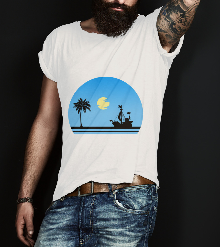 Going Merry Ship Silhouette Sunrise With Palm Tree And Sun T-Shirt