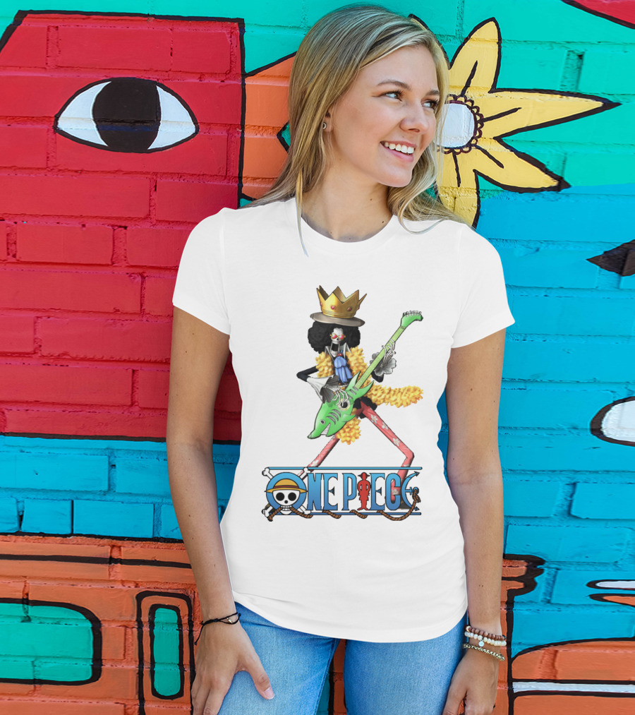 One Piece Brook Playing Guitar With Crown And Yellow Feather Boa T-Shirt