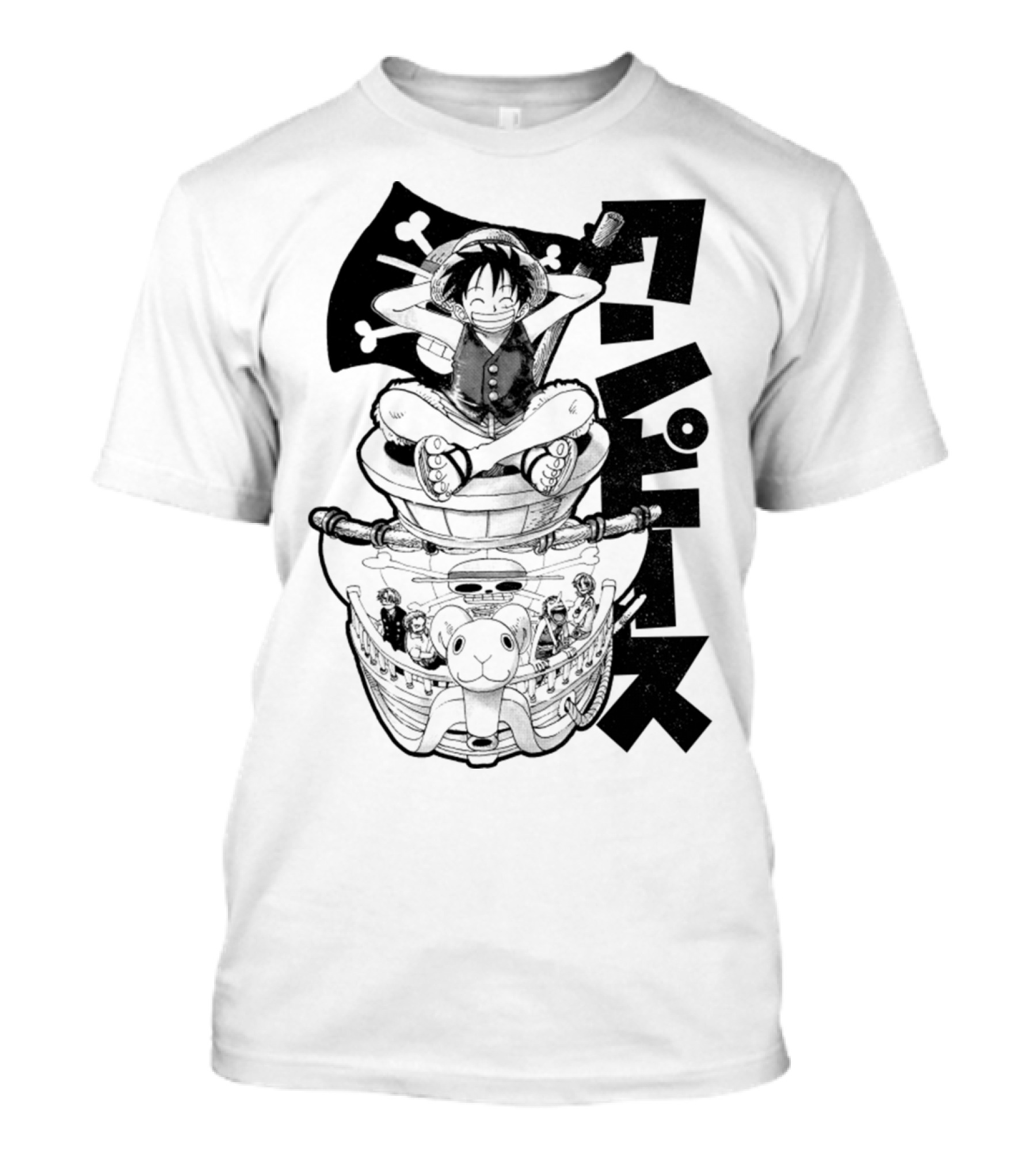 Luffy On Going Merry With Straw Hat Pirates Crew And Jolly Roger Flag T-Shirt