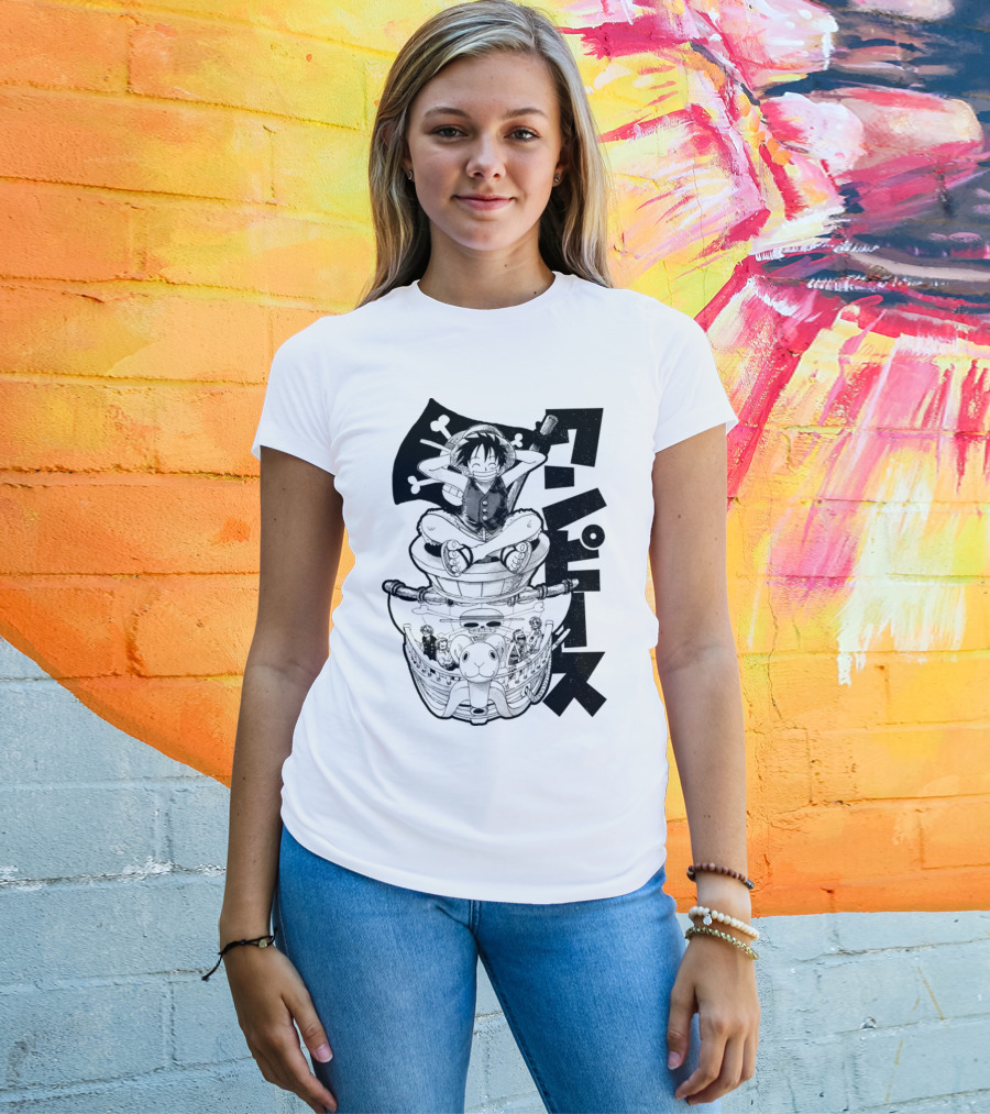 Luffy On Going Merry With Straw Hat Pirates Crew And Jolly Roger Flag T-Shirt