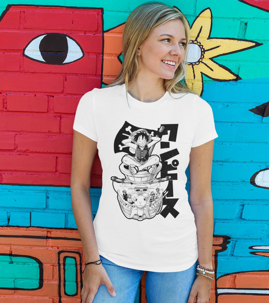 Luffy On Going Merry With Straw Hat Pirates Crew And Jolly Roger Flag T-Shirt