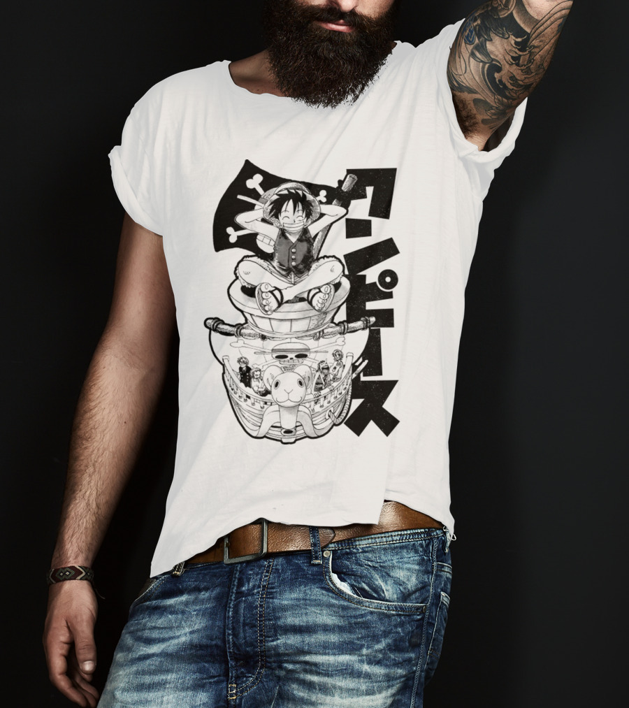 Luffy On Going Merry With Straw Hat Pirates Crew And Jolly Roger Flag T-Shirt