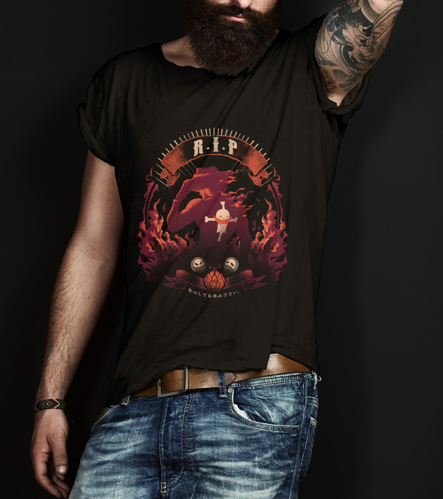 RIP Ace Fire Skull Hat Flames Japanese Text T-Shirt